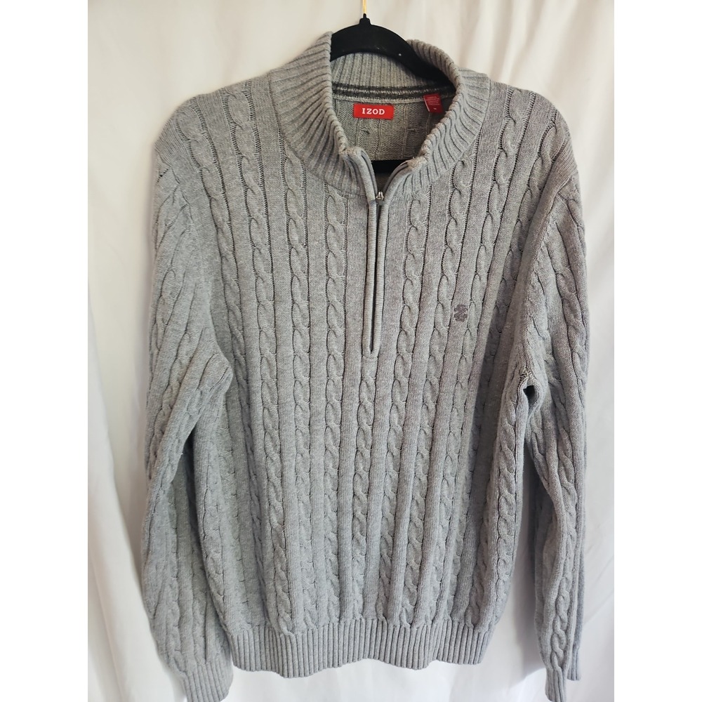 IZOD Mens M Gray Cable Knit Quarter Zip Mock Neck Sweater Cotton Blend